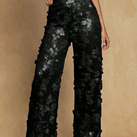 Black Party Women's High Waist Sequin detailed Wide Leg Long Pants - Picture 2 of 4